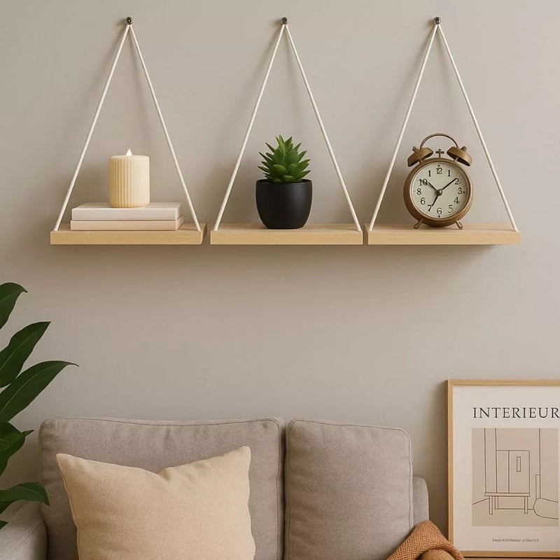 Prateleira Suspensa de Madeira Pinus com Corda