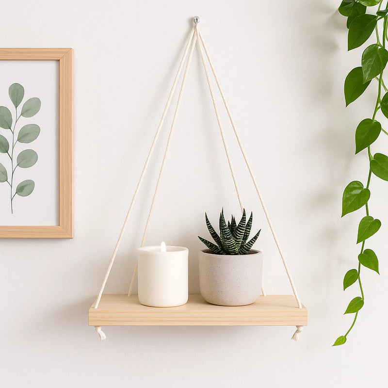 Prateleira Suspensa de Madeira Pinus com Corda
