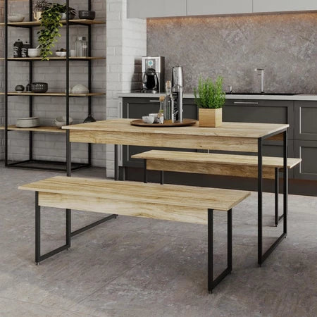 Mesa de Jantar com 2 Bancos Estilo Industrial