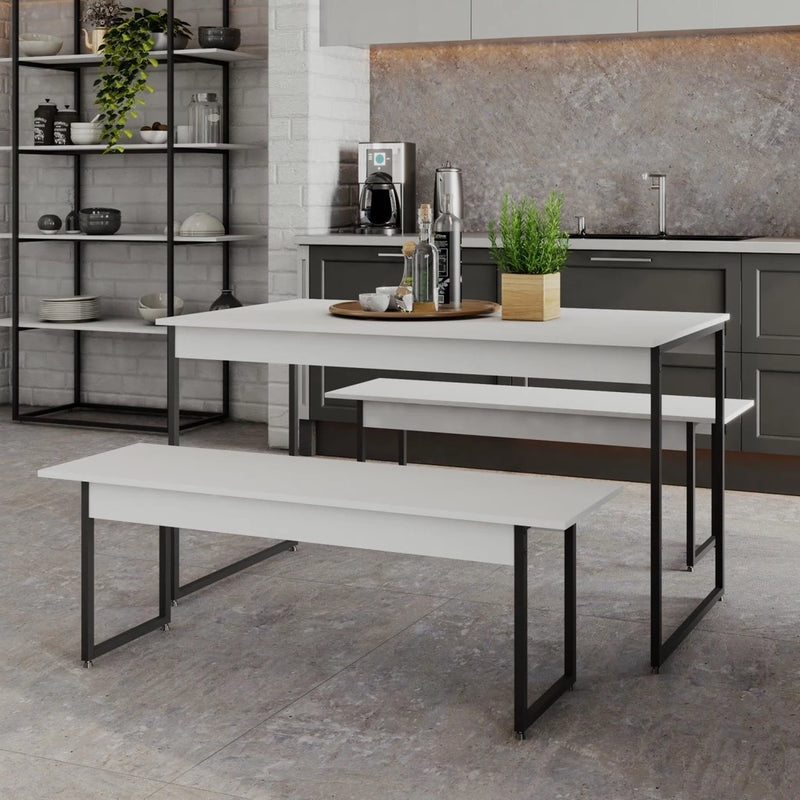 Mesa de Jantar com 2 Bancos Estilo Industrial